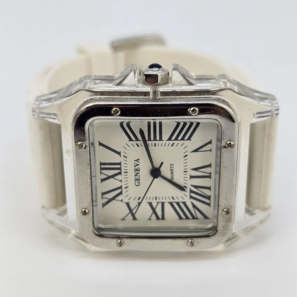 35MM Women's Square Watch White‎ Dial White Plastic Bands New Battery